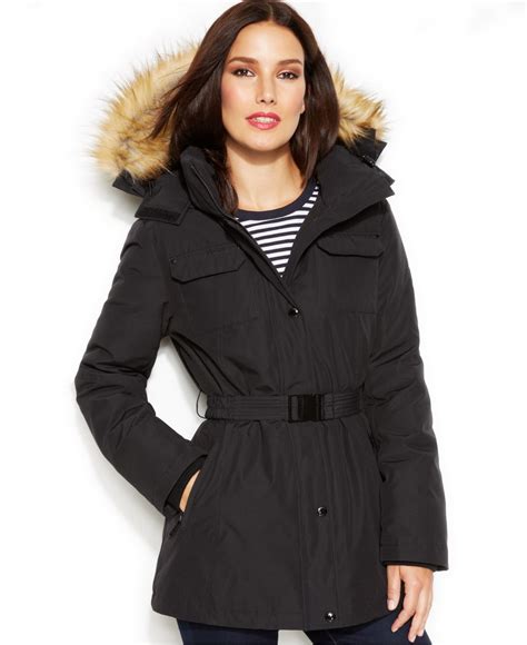 michael michael kors belted faux-fur trim hooded puffer coat|Michael Kors faux fur jacket.